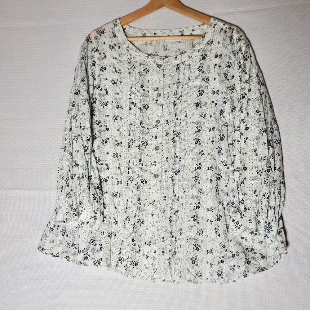 J Jill Pintuck Blouse Womens 1X White Floral 100% Cotton 3/4Sleeve Top Button-Up